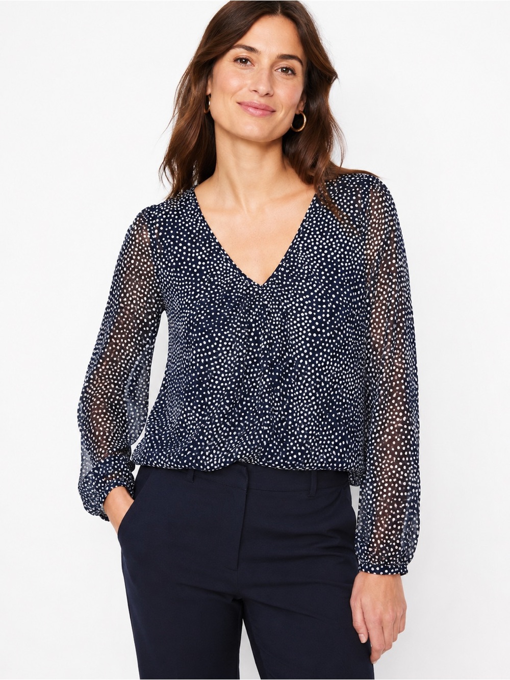 Boden Aubrey Blouse Navy White Polka Dot Sheer Sleeve V-Neck Top Size 12